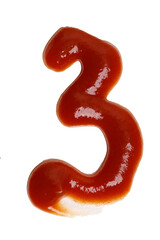 number three written with tomato ketchup isolated on white background