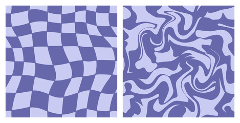 1970 Trippy Grid and Wavy Swirl Seamless Pattern Set in Lavender Very Peri Colors. Hand-Drawn Vector Illustration. Seventies Style, Groovy Background, Wallpaper, Print. Flat Design, Hippie Aesthetic.