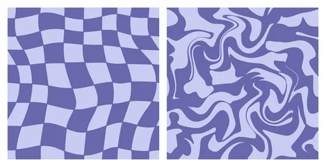 Papier Peint photo Pantone 2022 very peri 1970 Trippy Grid and Wavy Swirl Seamless Pattern Set in Lavender Very Peri Colors. Hand-Drawn Vector Illustration. Seventies Style, Groovy Background, Wallpaper, Print. Flat Design, Hippie Aesthetic.