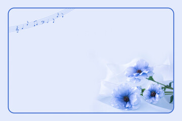 白いオーガンジーのリボンと青いラナンキュラスの花束（造花）と楽譜の合成のフレーム