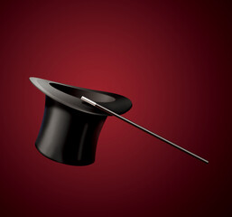 Magic black hat and magic wand isolated on red stage curtain
