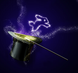 Light rabbit jump out from magic black hat and magic wand isolated on purple blackground
