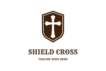 Retro Vintage Shield with Christian Cross Logo Design Vector