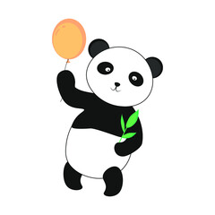 Panda with a balloon and a bamboo leaf. Vector illustration. Sticker. Flat panda