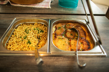 Pieces cooked salmon fillet on plate