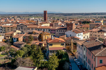 Aerial view of the historic center of Bientina, Pisa, Italy, on a sunny day - obrazy, fototapety, plakaty
