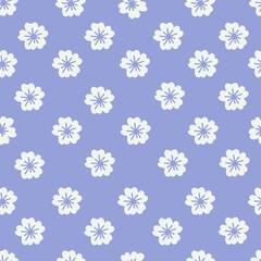 White blooming apple tree flowers on a blue background, seamless pattern. Vector hand-drawn illustration.