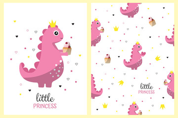 Cute pink dinosaur in crown and with muffin. postcard for girl and seamless pattern. set. Print for little princess. Festive packaging