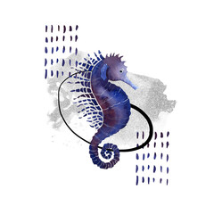 Abstract tropical card of linear and silver sea horse. Underwater animals and plant isolated on white background. Aquatic illustration for design, print or background. © Mariya Tarasova