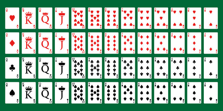 A full deck of poker playing cards on a green background.