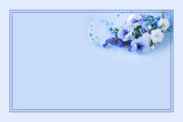 星模様のリボンと白いカーネーションと青いラナンキュラスとブルースターとワックスフラワーの花束のフレーム（造花）