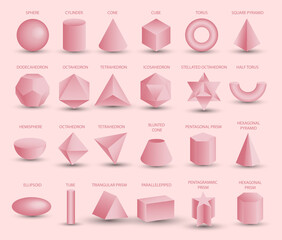 Realistic 3D pink geometric shapes isolated on pink background. Maths geometrical figure form, realistic shapes model. Platon solid. Icons, logos for education, business, design, game. - obrazy, fototapety, plakaty