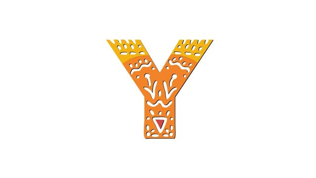Letter Y. Ethnic ornament, national pattern in letter. 3 colors. 4K video. Isolated on white background. Cartoon Animation. Capital Letter Y for education, erudition, ABC, software, interface game.