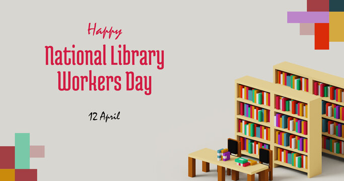 Background image with library voxel illustration and using red, purple, green, orange and grey color scheme. Perfect for National Library Workers Day greeting card