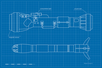 Outline rocket launcher side view. Contour antitank rifle blueprint. Isolated missile weapon drawing. Anti-tank military gun. Armed hand grenade