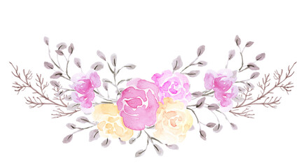 Hand drawn watercolor painting with pink and yellow roses flowers bouquet isolated on white background. Floral ornament.