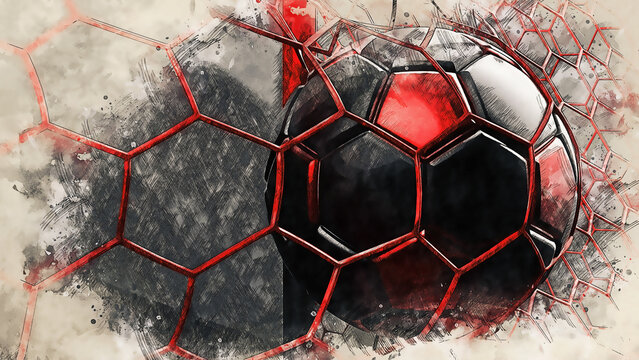 Black-red soccer ball and red goal net illustration combined pencil sketch and watercolor sketch. 3D illustration. 3D CG. High resolution.