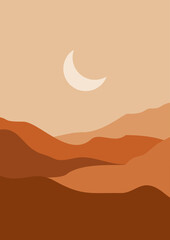 Abstract contemporary aesthetic background with desert, mountains, Sun. Earth tones, burnt orange, terracotta colors. Boho wall decor. landscapes set with sunrise, sunset. Earth tones, pastel colors.