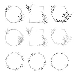Wedding invitation botanical wreath minimal design. Vector template with flourishes ornament elements.