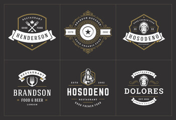 Restaurant logos templates set vector illustration good for menu labels and cafe badges