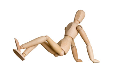 wooden mannequin lies, sunbathing concept, isolated on white background