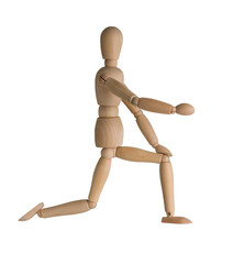 wooden mannequin stands on one knee and stretches one hand forward, isolated on white background, concept of marriage proposal