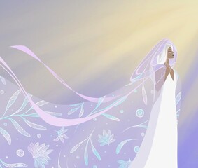 A girl in a raincoat under the rays of the sun