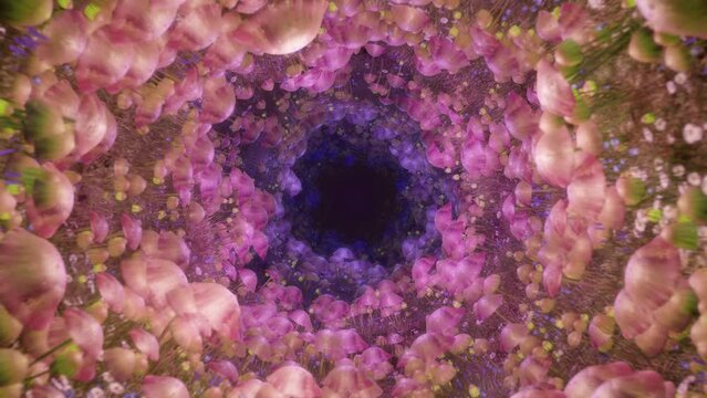 Trippy psychedelic magic mushrooms fly tunnel art animation for beautiful music background. Open your third eye