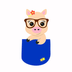 Vector illustration of a pig girl with a flower in a blue pocket