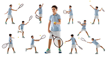 Collage of teen boy, tennis player in uniform training, practising isolated over white background