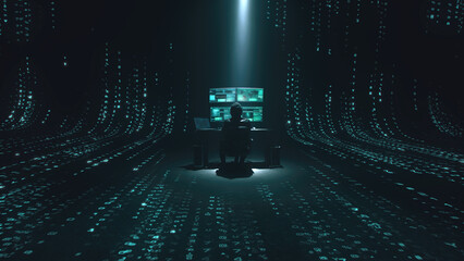 Minimalistic concept of alone hacker programmer surrounded by green programming codes in a dark...