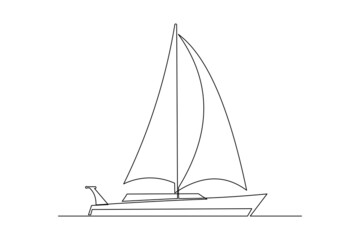 Continuous singe one line art drawing of sail boat fishing sport ship vector illustration