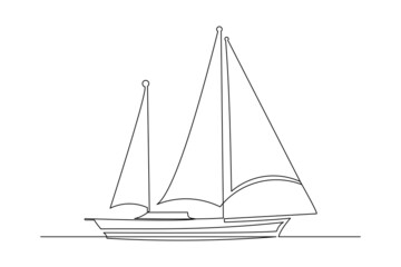 Continuous singe one line art drawing of sail boat fishing sport ship vector illustration