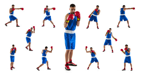 Fototapeta na wymiar Strong fists. One professional boxer in blue uniform training isolated over white background