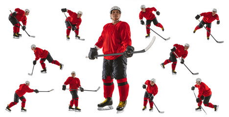 Full-length portrait of professional male hockey player, goalkeeper training isolated over white background. Collage