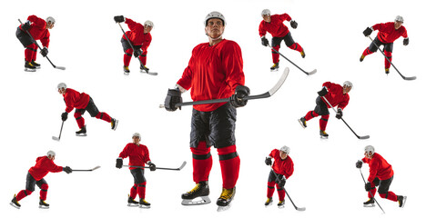 Full-length portrait of professional male hockey player, goalkeeper training isolated over white...