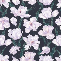 Poster Seamless floral pattern with white tulips, unusual kind crossed with irises. Hand drawn, high realism, vector, spring flowers for fabric, prints, desktop screens, invitation cards. © MPetrovskaya