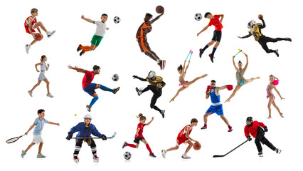 Collage of young people, children, sportsmen posing in action isolated over white background