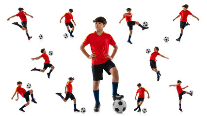 Fototapeta na wymiar Collage. Portraits of teen boy, football player in red uniform training, posing isolated over white background