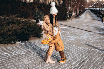 Children's walk on a winter morning