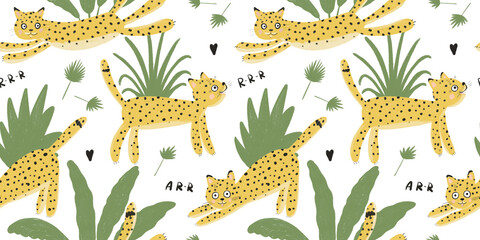 Seamless pattern with leopards and jubgle leaves on white background. Children's illustration. Funny animals wallpaper. Hand drawn design for fabric, wallpaper, paper for kids room
