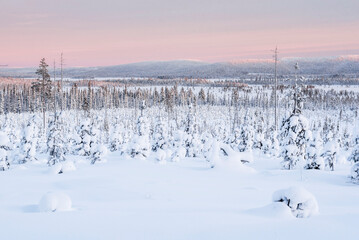 Frozen snow covered lake in the winter landscape in Lapland at sunset inside the Arctic Circle in Finland