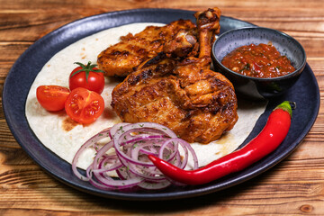 mashed potatoes with fried chicken thigh perzola