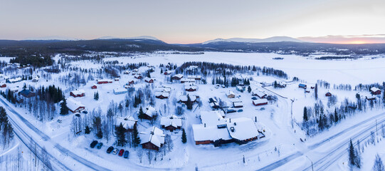 Aerial photo of Akaslompolo town inside the Arctic Circle in Finnish Lapland, Finland drone