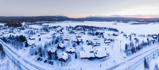 Foto op Plexiglas Aerial photo of Akaslompolo town inside the Arctic Circle in Finnish Lapland, Finland drone © Matthew