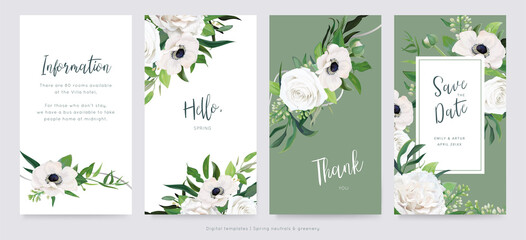 Neutral vector digital floral wedding invite, invitation, save the date card set. Spring white rose flowers, anemone, delicate lilac branches, tender green eucalyptus leaves decorative bouquet frame,