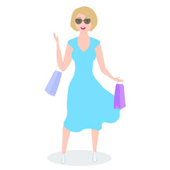 Attractive slender blonde girl with a short haircut and sunglasses. Girl in a blue dress with purchases. Sale. Black Friday. Vector illustration. Flat