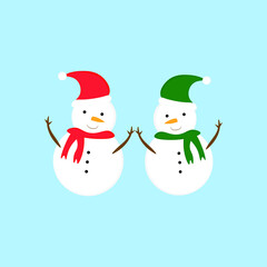 Vector illustration of two cheerful kind snowmen in scarves and hats red and green colour holding hands on a light blue background. Christmas and New year celebration