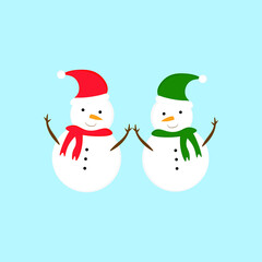 Vector illustration of two cheerful kind snowmen in scarves and hats red and green colour holding hands on a light blue background. Christmas and New year celebration