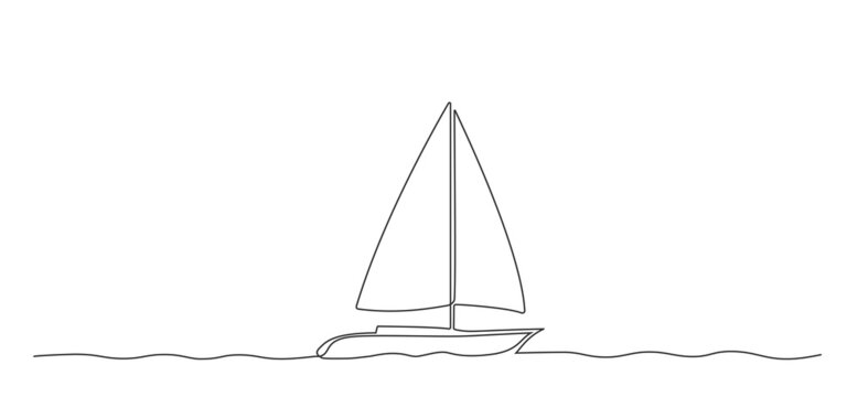 continuous line drawing of sailboat on water, sailing boat single line vector illustration